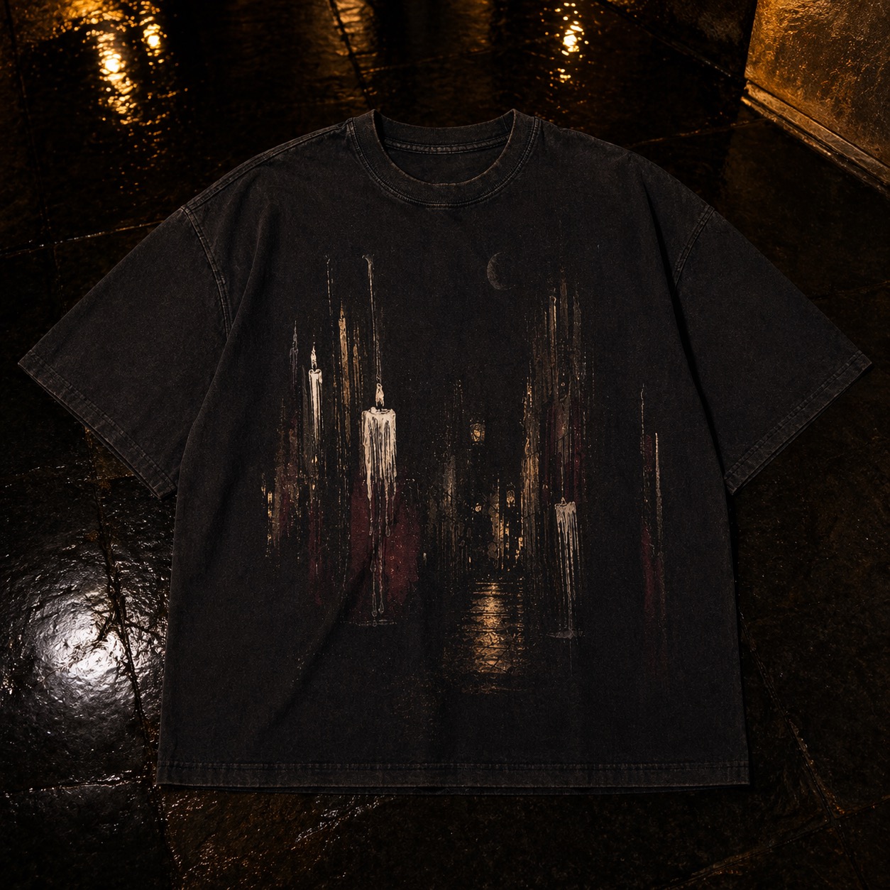 Washed black oversized tee with a moody nocturnal street graphic.