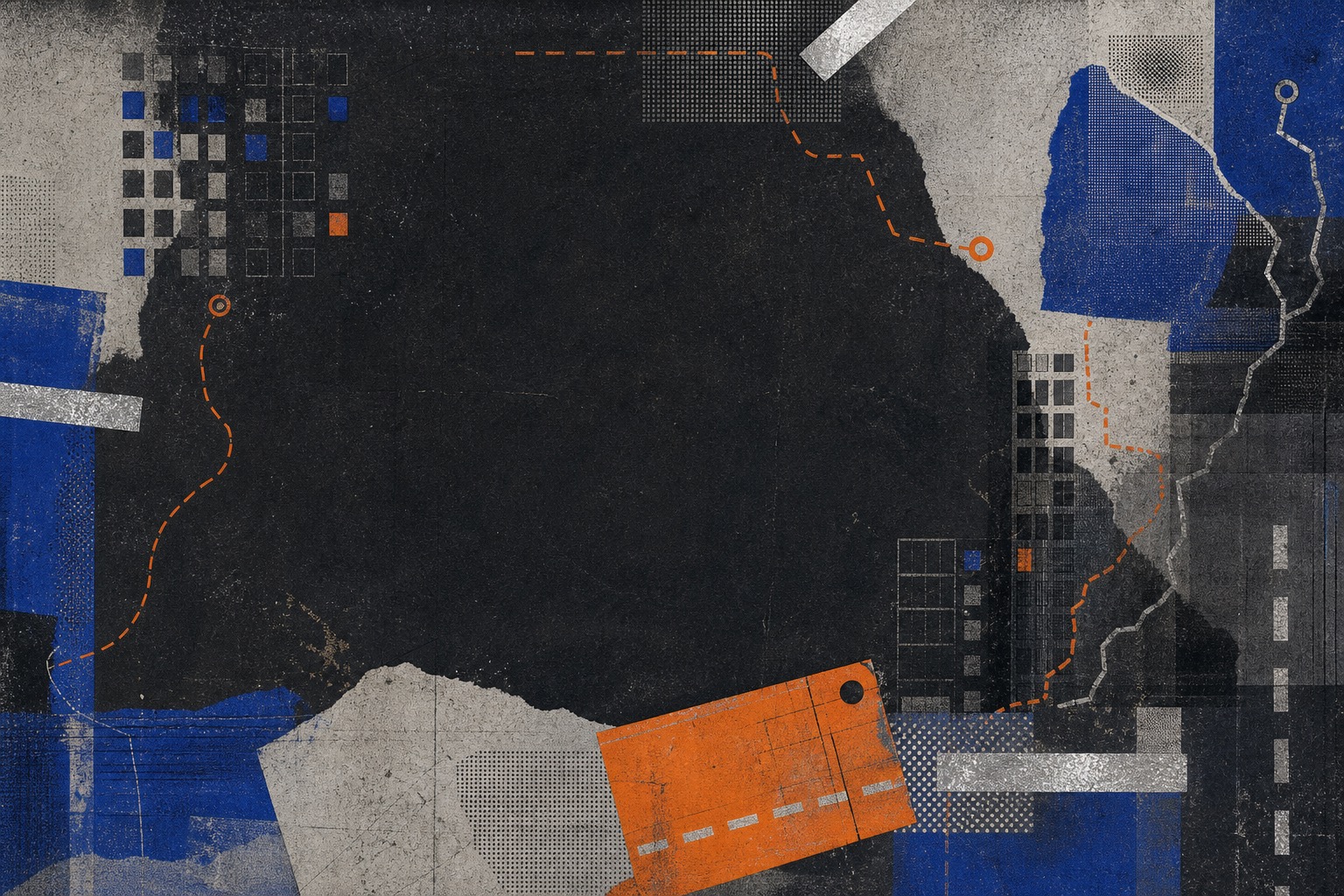 Abstract 3000 Viviendas Running Club texture with asphalt, route lines, cobalt blocks, and safety-orange race-bib shapes.