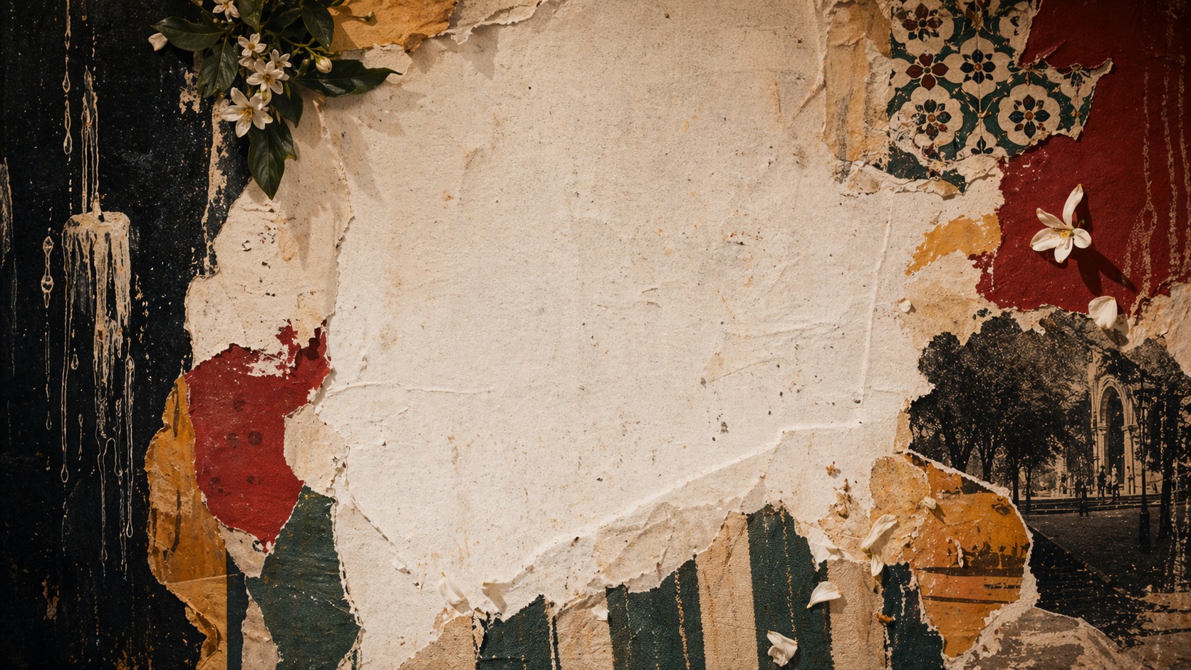 Abstract collage of orange blossom petals, wax-like drips, ceramic tile fragments, and feria colors.